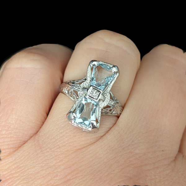 Art Deco Aquamarine Diamond 18k White Gold Filigree Ring Antique Vintage Estate