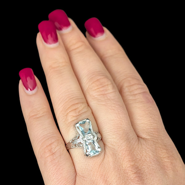 Art Deco Aquamarine Diamond 18k White Gold Filigree Ring Antique Vintage Estate