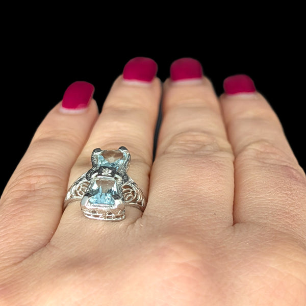 Art Deco Aquamarine Diamond 18k White Gold Filigree Ring Antique Vintage Estate