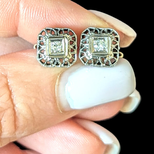 Melrose - Art Deco Era Diamonds White Gold Filigree Earrings Screw Back