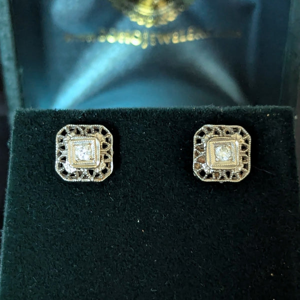 Melrose - Art Deco Era Diamonds White Gold Filigree Earrings Screw Back