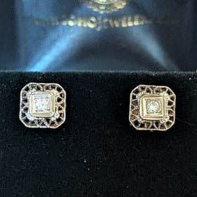 Melrose - Art Deco Era Diamonds White Gold Filigree Earrings Screw Back