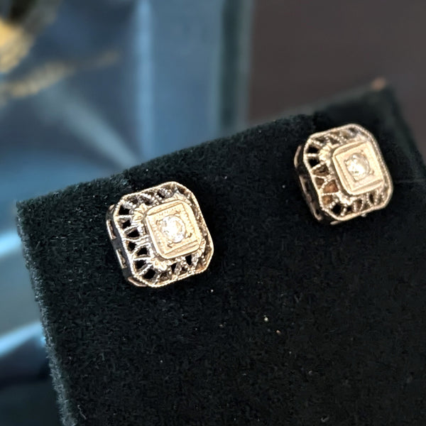 Melrose - Art Deco Era Diamonds White Gold Filigree Earrings Screw Back