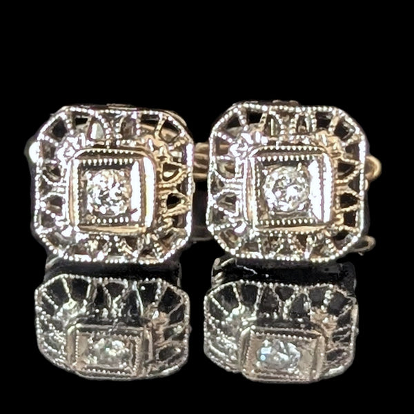 Melrose - Art Deco Era Diamonds White Gold Filigree Earrings Screw Back