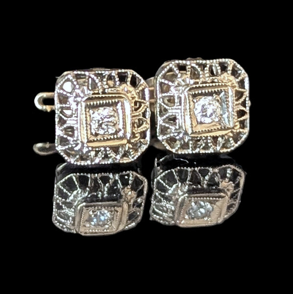 Melrose - Art Deco Era Diamonds White Gold Filigree Earrings Screw Back