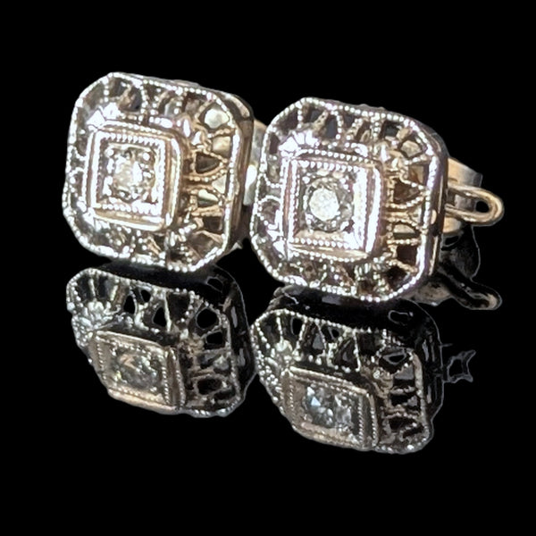 Melrose - Art Deco Era Diamonds White Gold Filigree Earrings Screw Back