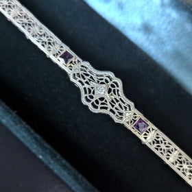 Art Deco Diamond White Gold Filigree Bracelet Vintage 1930s Estate 7.25"