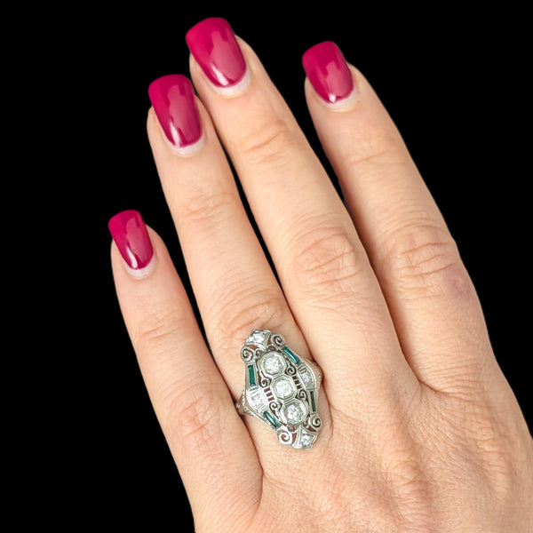 Art Deco Diamonds Lab Emeralds 18k White Gold Shield Cocktail Ring Vintage 1930s