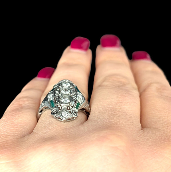 Art Deco Diamonds Lab Emeralds 18k White Gold Shield Cocktail Ring Vintage 1930s
