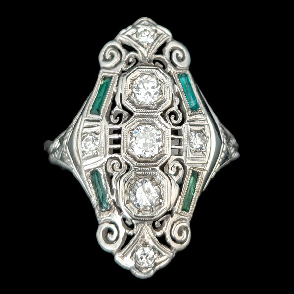 Art Deco Diamonds Lab Emeralds 18k White Gold Shield Cocktail Ring Vintage 1930s