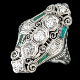 Art Deco Diamonds Lab Emeralds 18k White Gold Shield Cocktail Ring Vintage 1930s