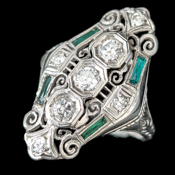 Art Deco Diamonds Lab Emeralds 18k White Gold Shield Cocktail Ring Vintage 1930s