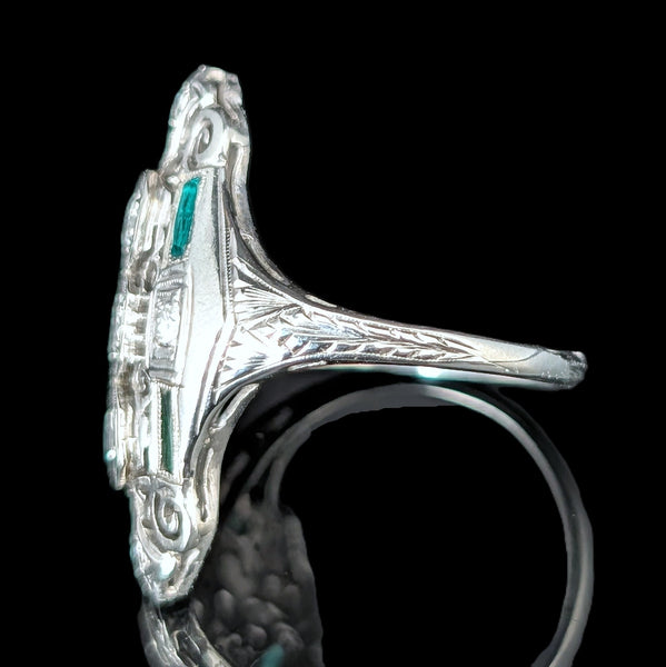 Art Deco Diamonds Lab Emeralds 18k White Gold Shield Cocktail Ring Vintage 1930s