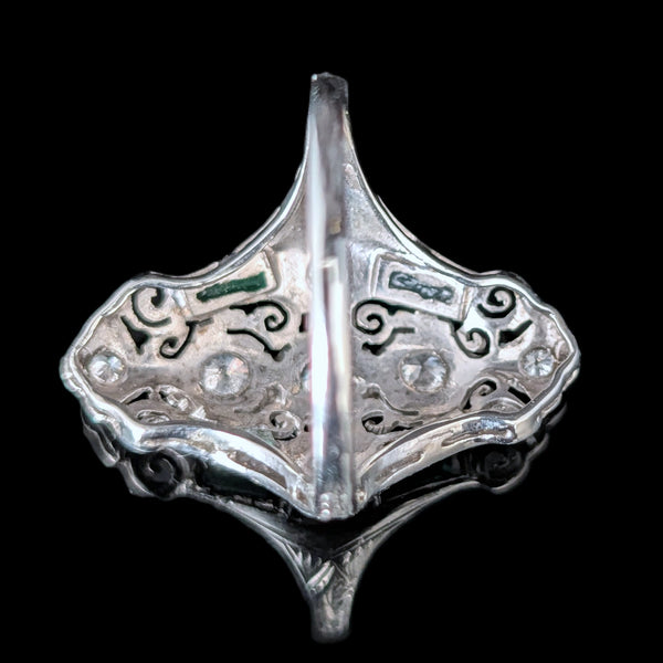 Art Deco Diamonds Lab Emeralds 18k White Gold Shield Cocktail Ring Vintage 1930s