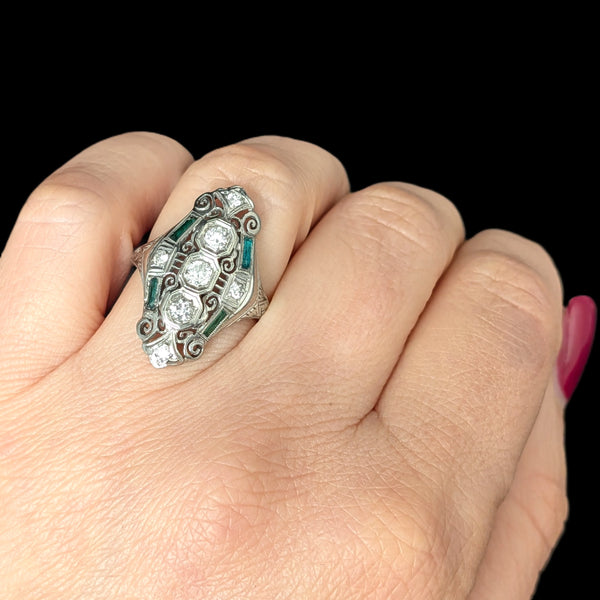 Art Deco Diamonds Lab Emeralds 18k White Gold Shield Cocktail Ring Vintage 1930s