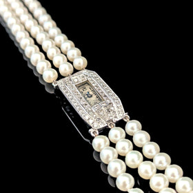 Art Deco Diamonds Pearls Platinum Ladies Wrist Watch Bracelet by Libela Vintage 