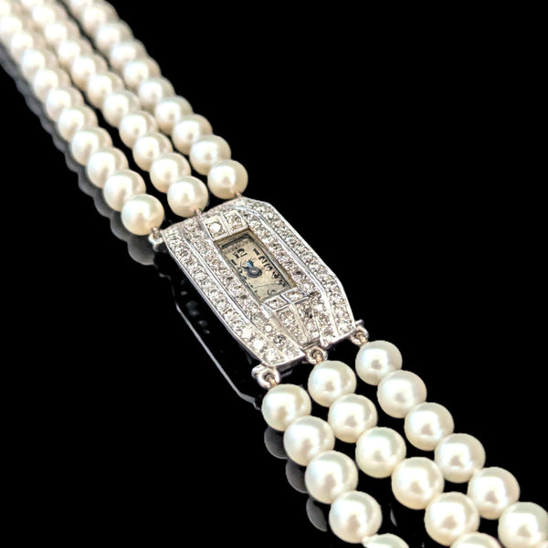 Art Deco Diamonds Pearls Platinum Ladies Wrist Watch Bracelet by Libela Vintage 