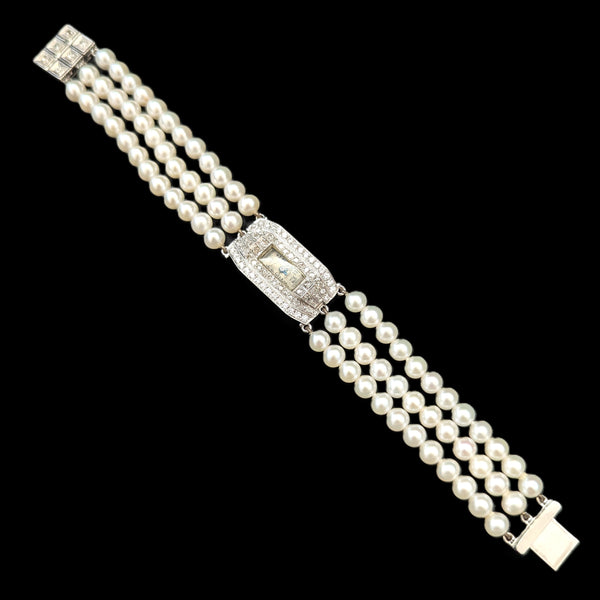 Art Deco Diamonds Pearls Platinum Ladies Wrist Watch Bracelet by Libela Vintage 