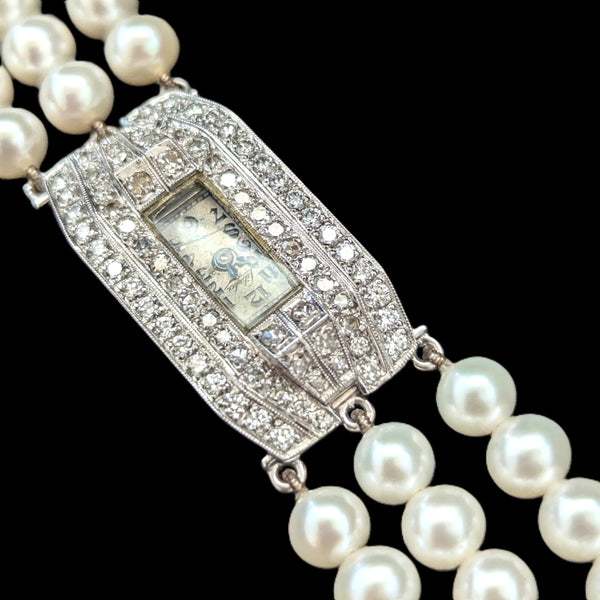 Art Deco Diamonds Pearls Platinum Ladies Wrist Watch Bracelet by Libela Vintage 