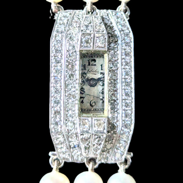 Art Deco Diamonds Pearls Platinum Ladies Wrist Watch Bracelet by Libela Vintage 