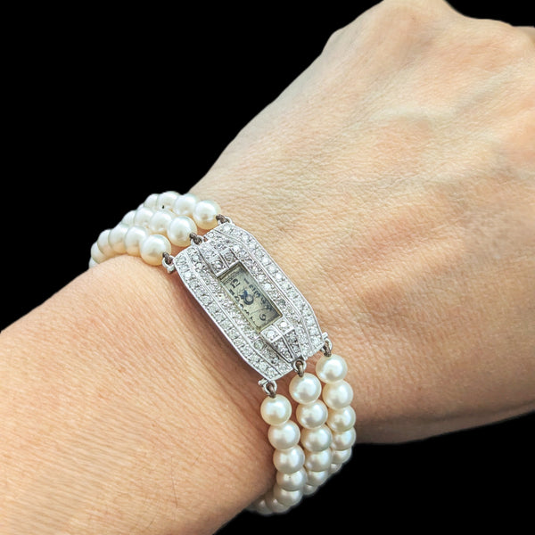 Art Deco Diamonds Pearls Platinum Ladies Wrist Watch Bracelet by Libela Vintage 