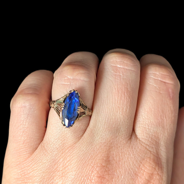 Art deco era Art Deco Era Lab Created Sapphire 10k Yellow Gold Filigree Dinner Ring Gift 
