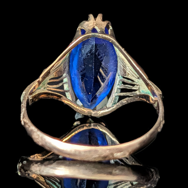 Art deco era Art Deco Era Lab Created Sapphire 10k Yellow Gold Filigree Dinner Ring Gift 
