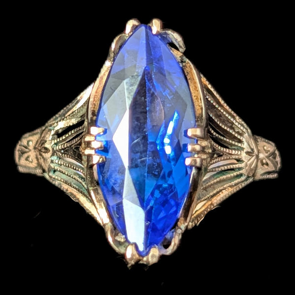 Art Deco Era Lab Created Sapphire 10k Yellow Gold Filigree Dinner Ring Gift 