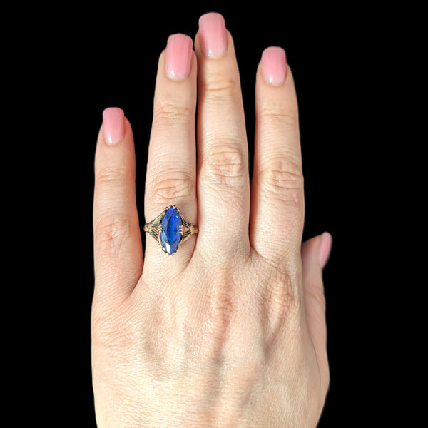 Art Deco Era Lab Created Sapphire 10k Yellow Gold Filigree Dinner Ring Gift 