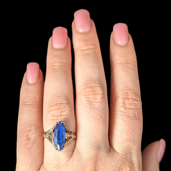 Art Deco Era Lab Created Sapphire 10k Yellow Gold Filigree Dinner Ring Gift 