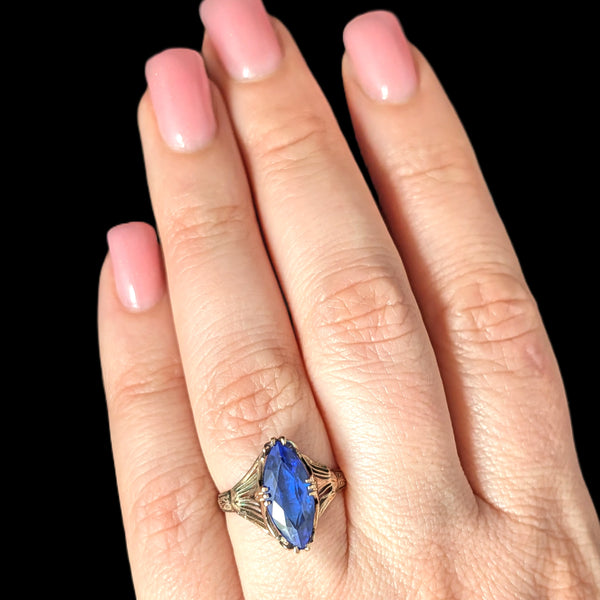 Art deco era Art Deco Era Lab Created Sapphire 10k Yellow Gold Filigree Dinner Ring Gift 
