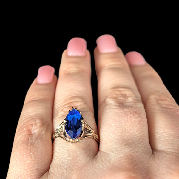 Art deco era Art Deco Era Lab Created Sapphire 10k Yellow Gold Filigree Dinner Ring Gift 
