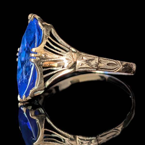 Art deco era Art Deco Era Lab Created Sapphire 10k Yellow Gold Filigree Dinner Ring Gift 

