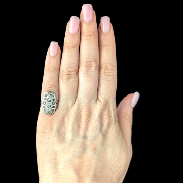 Art Deco Old European Cut Diamond White Gold Cocktail Shield Ring 1920s Antique