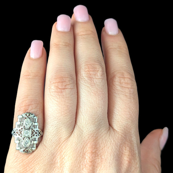 Art Deco Old European Cut Diamond White Gold Cocktail Shield Ring 1920s Antique