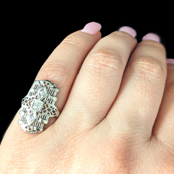 Art Deco Old European Cut Diamond White Gold Cocktail Shield Ring 1920s Antique