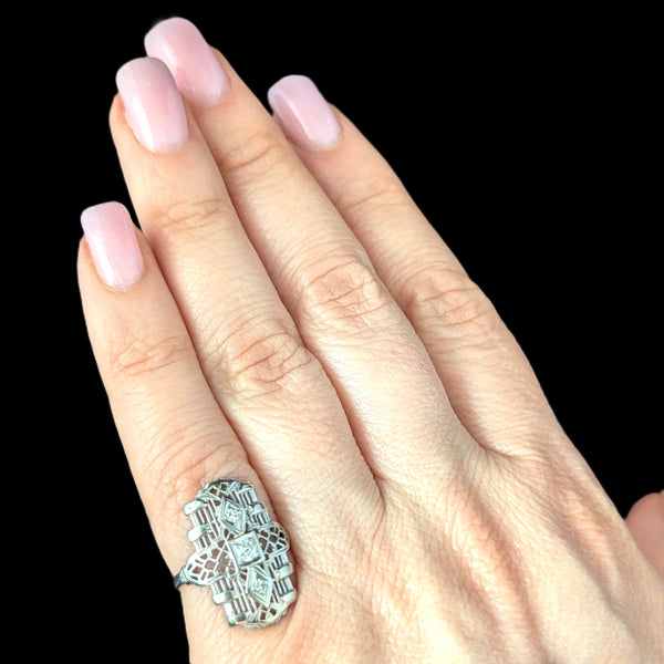 Art Deco Old European Cut Diamond White Gold Cocktail Shield Ring 1920s Antique