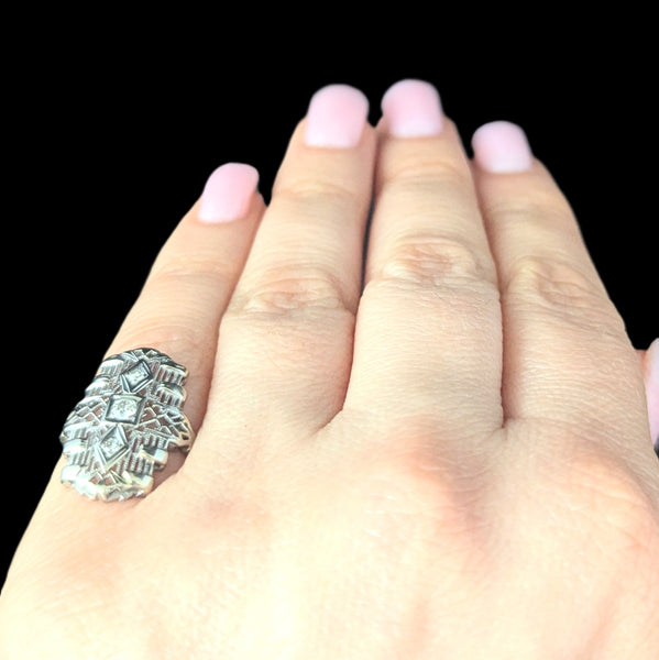 Art Deco Old European Cut Diamond White Gold Cocktail Shield Ring 1920s Antique