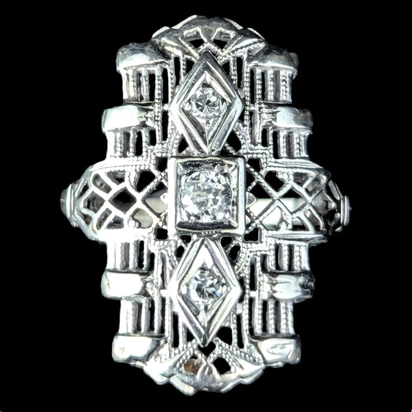 Art Deco Old European Cut Diamond White Gold Cocktail Shield Ring 1920s Antique