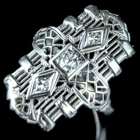 Art Deco Old European Cut Diamond White Gold Cocktail Shield Ring 1920s Antique