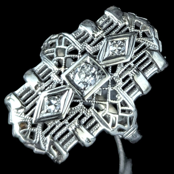 Art Deco Old European Cut Diamond White Gold Cocktail Shield Ring 1920s Antique