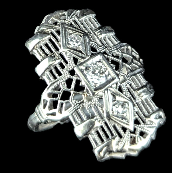 Art Deco Old European Cut Diamond White Gold Cocktail Shield Ring 1920s Antique