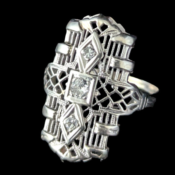 Art Deco Old European Cut Diamond White Gold Cocktail Shield Ring 1920s Antique