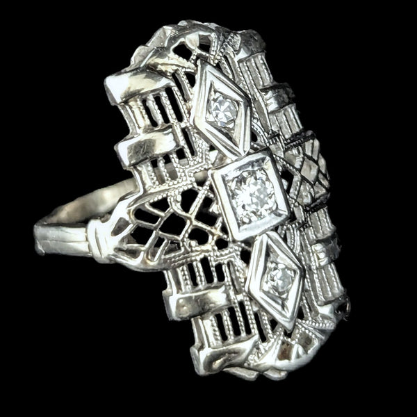 Art Deco Old European Cut Diamond White Gold Cocktail Shield Ring 1920s Antique