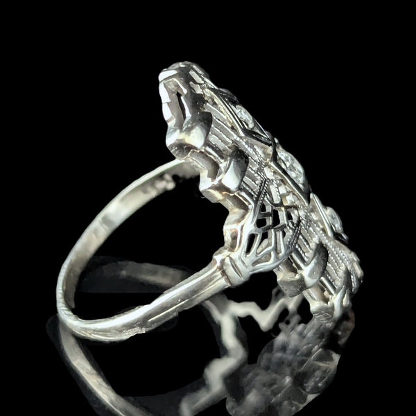 Art Deco Old European Cut Diamond White Gold Cocktail Shield Ring 1920s Antique