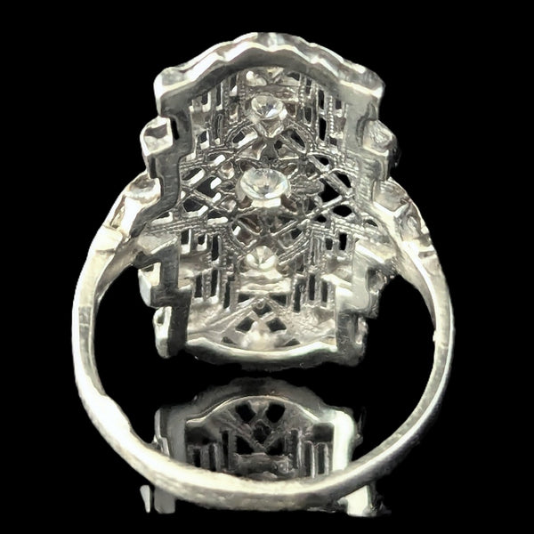Art Deco Old European Cut Diamond White Gold Cocktail Shield Ring 1920s Antique