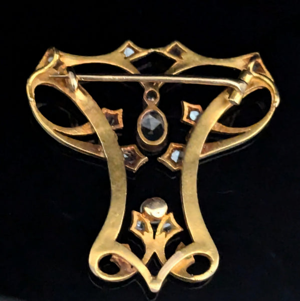 Art Nouveau Diamonds Pearl Yellow Gold Brooch FOB Pendant Antique 1890s Rose Cut