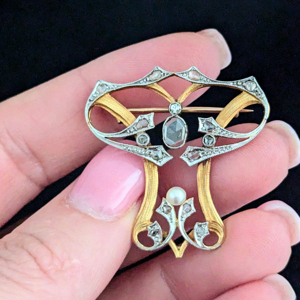 Art Nouveau Diamonds Pearl Yellow Gold Brooch FOB Pendant Antique 1890s Rose Cut