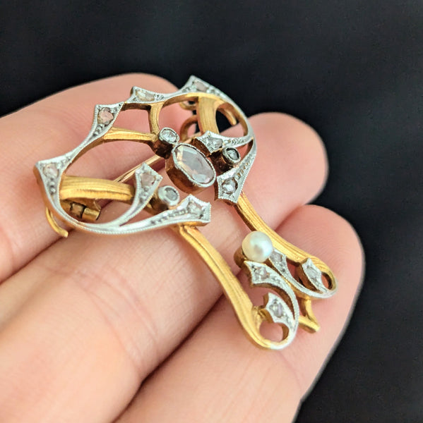 Art Nouveau Diamonds Pearl Yellow Gold Brooch FOB Pendant Antique 1890s Rose Cut