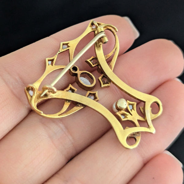 Art Nouveau Diamonds Pearl Yellow Gold Brooch FOB Pendant Antique 1890s Rose Cut
